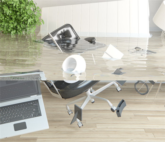 desks, chairs, and other items floating in flood water in office
